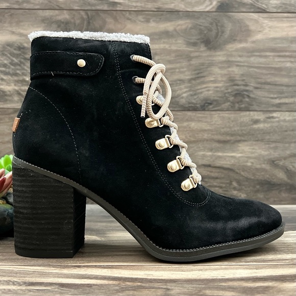 NIB Dr Scholls Loni Lace Up Combat Boots Bootie Heeled Black Suede - Picture 8 of 13